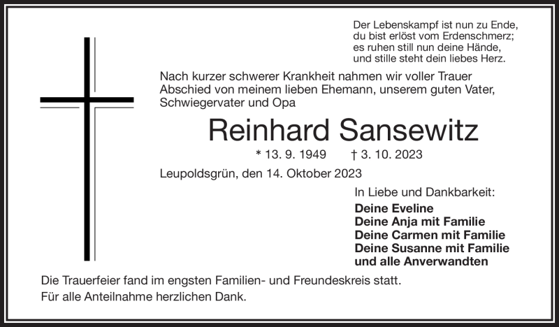  Traueranzeige für Reinhard Sansewitz vom 14.10.2023 aus Frankenpost