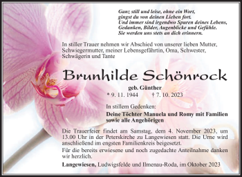 Traueranzeige von Brunhilde Schönrock von Südthüringer Presse