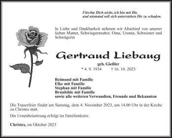 Traueranzeige von Gertraud Liebaug von Südthüringer Presse