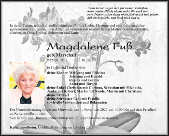 Traueranzeige von Magdalene Fuß von Südthüringer Presse