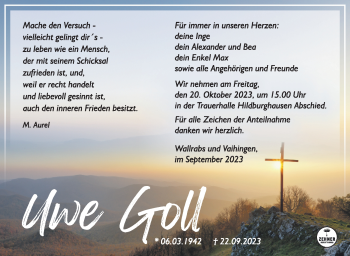 Traueranzeige von Uwe Goll von Südthüringer Presse