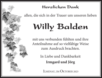 Traueranzeige von Willy Balden von Südthüringer Presse