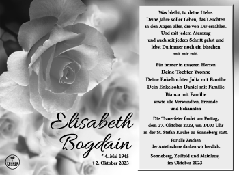 Traueranzeige von Elisabeth Bogdain von Südthüringer Presse