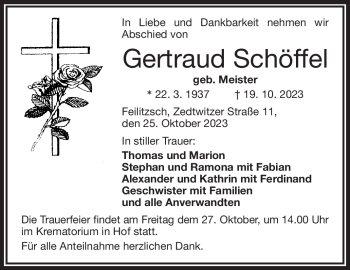 Traueranzeige von Gertraud Schöffel von Frankenpost