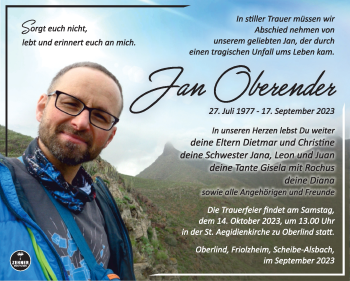 Traueranzeige von Jan Oberender von Südthüringer Presse
