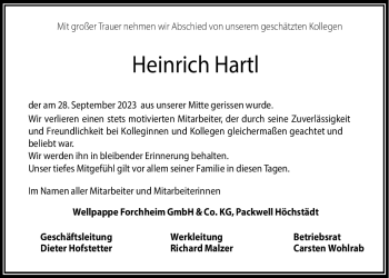 Traueranzeige von Heinrich Hartl von Frankenpost