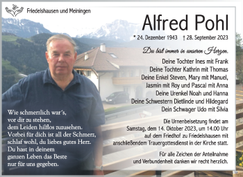Traueranzeige von Alfred Pohl von Südthüringer Presse