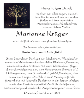 Traueranzeige von Marianne Krüger von Südthüringer Presse