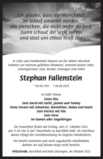 Traueranzeige von Stephan Fallenstein von Südthüringer Presse