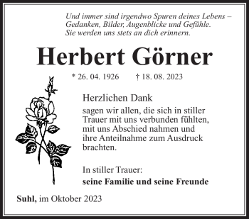 Traueranzeige von Herbert Görner von Südthüringer Presse