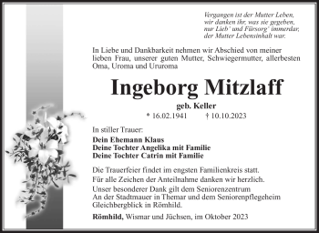 Traueranzeige von Ingeborg Mitzlaff von Südthüringer Presse