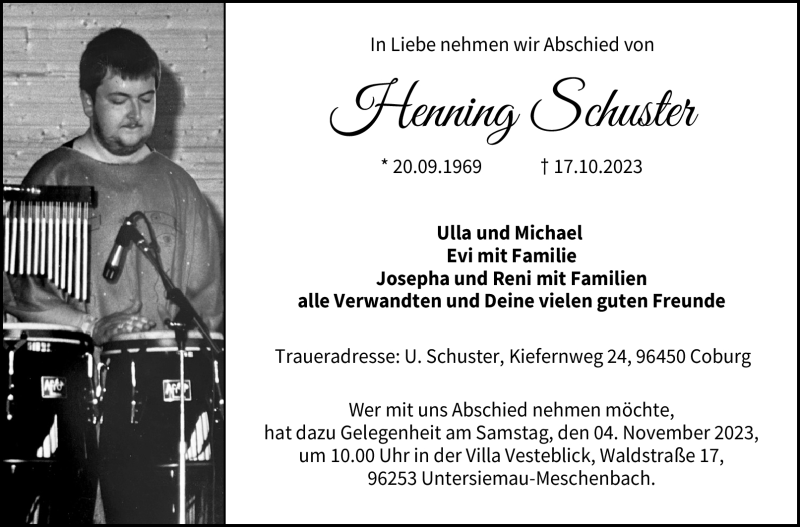  Traueranzeige für Henning Schuster vom 21.10.2023 aus Neue Presse Coburg