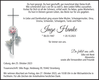 Traueranzeige von Inge Hanke von Neue Presse Coburg