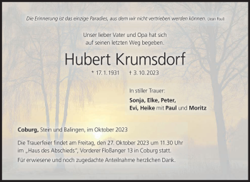 Traueranzeige von Hubert Krumsdorf von Neue Presse Coburg