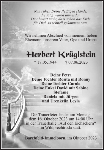 Traueranzeige von Herbert Krüglstein von Südthüringer Presse