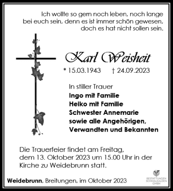 Traueranzeige von Karl Weisheit von Südthüringer Presse