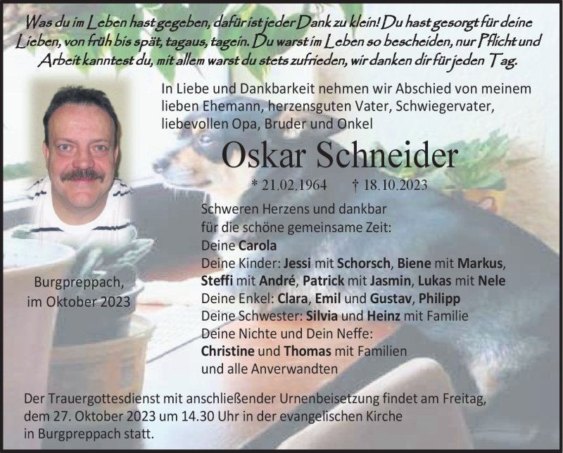  Traueranzeige für Oskar Schneider vom 24.10.2023 aus Neue Presse Coburg