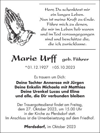 Traueranzeige von Marie Urff von Südthüringer Presse