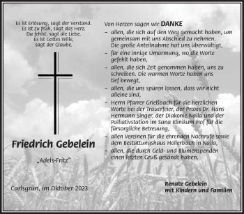 Traueranzeige von Friedrich Gebelein von Frankenpost