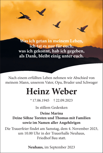 Traueranzeige von Heinz Weber von Südthüringer Presse