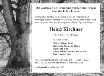 Traueranzeige von Heinz Kirchner von Südthüringer Presse