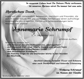 Traueranzeige von Annemarie Schrumpf von Südthüringer Presse