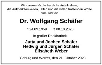 Traueranzeige von Wolfgang Schäfer von Südthüringer Presse