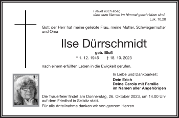 Traueranzeige von Ilse Dürrschmidt von Frankenpost