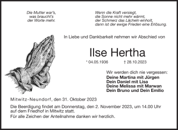 Traueranzeige von Ilse Hertha von Neue Presse Coburg