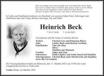 Traueranzeige von Heinrich Beck von Südthüringer Presse