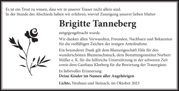 Traueranzeige von Brigitte Tanneberg von Südthüringer Presse