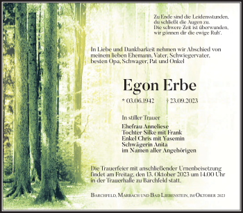 Traueranzeige von Egon Erbe von Südthüringer Presse