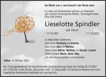 Traueranzeige von Lieselotte Spindler von Neue Presse Coburg