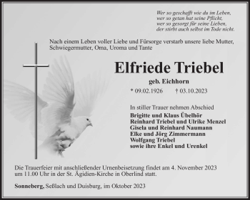 Traueranzeige von Elfriede Triebel von Südthüringer Presse