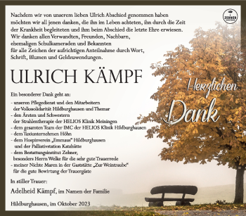 Traueranzeige von Ulrich Kämpf von Südthüringer Presse