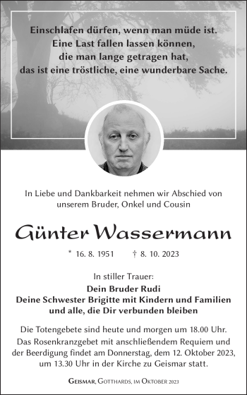 Traueranzeige von Günter Wassermann von Südthüringer Presse