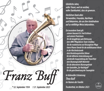 Traueranzeige von Franz Buff von Südthüringer Presse