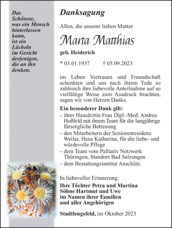 Traueranzeige von Marta Matthias von Südthüringer Presse