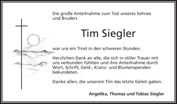 Traueranzeige von Tim Siegler von Frankenpost