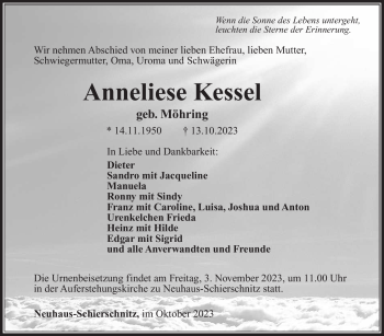 Traueranzeige von Anneliese Kessel von Südthüringer Presse