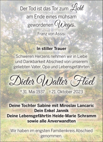 Traueranzeige von Dieter Walter Flöel von Südthüringer Presse