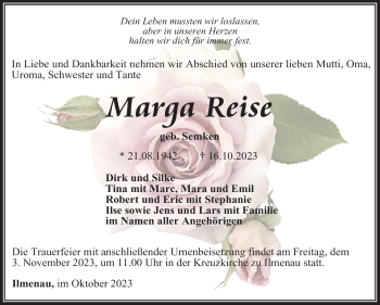 Traueranzeige von Marga Reise von Südthüringer Presse