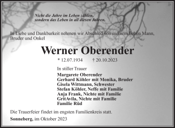 Traueranzeige von Werner Oberender von Südthüringer Presse
