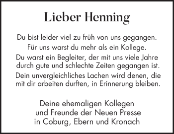 Traueranzeige von Henning Schuster von Neue Presse Coburg