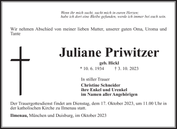 Traueranzeige von Juliane Priwitzer von Südthüringer Presse