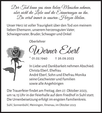 Traueranzeige von Werner Eberl von Südthüringer Presse