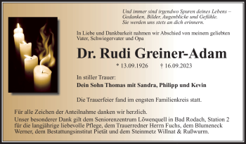 Traueranzeige von Rudi Greiner-Adam von Südthüringer Presse