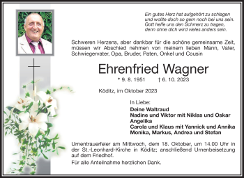 Traueranzeige von Ehrenfried Wagner von Frankenpost