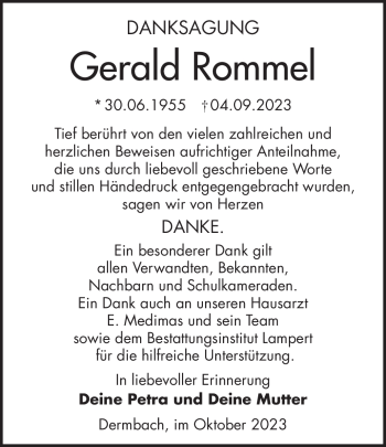 Traueranzeige von Gerald Rommel von Südthüringer Presse