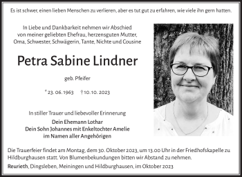 Traueranzeige von Petra Lindner von Südthüringer Presse